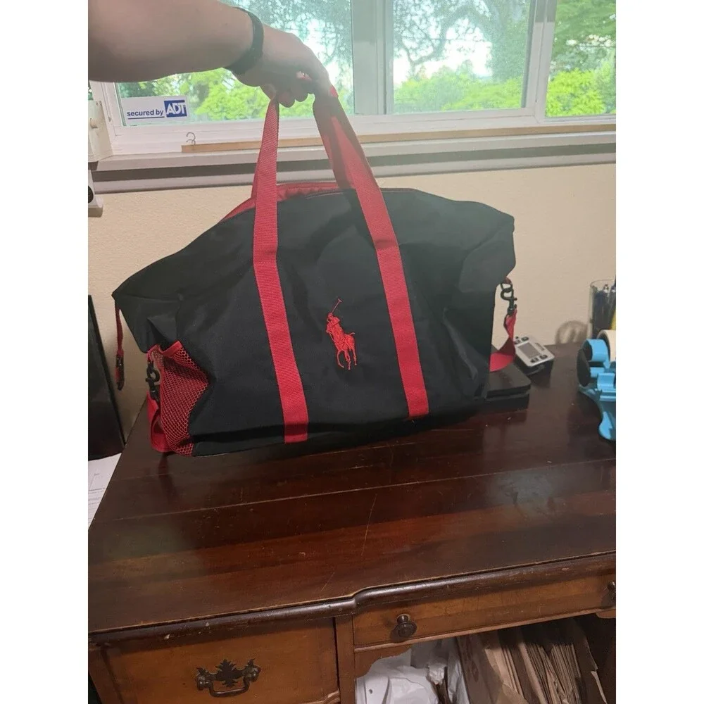 Mens Ralph Lauren Polyester Big Pony Polo Red Black Duffle Travel Bag